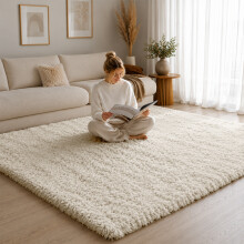 (160cm x 230cm OR 5ft 3" x 7ft 6"- Large Area Rug, Cream- Area Rug) Large Fluffy Shaggy Rugs Non-Slip Living Room Rug