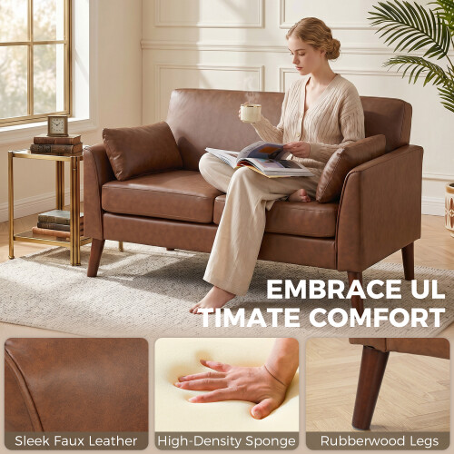 Homcom HOMCOM 2 Seater Sofa, 132 cm Modern Small Sofa with Solid Wood Legs, Brown 2