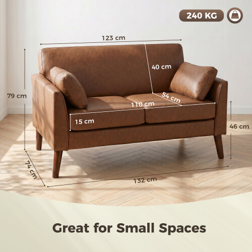 Homcom HOMCOM 2 Seater Sofa, 132 cm Modern Small Sofa with Solid Wood Legs, Brown 1