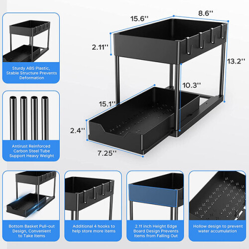 Double Sliding Cabinet Organizer, Pull-out Sink Storage 1