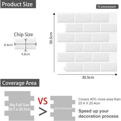 10pcs White Self-Adhesive 3D Wall Tile Stickers Kitchen Bathroom 1