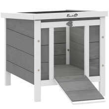 Conigliera/gabbia con rampe/porta, apertura e tetto impermeabile - realizzata in legno di abete, grigio e bianco