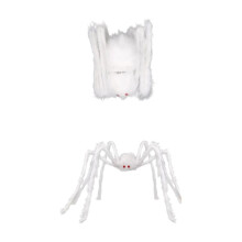 White plush spider decoration for Halloween escape room