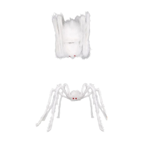 White plush spider decoration for Halloween escape room