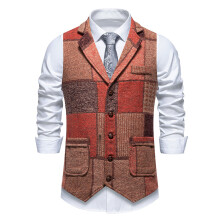 (Orange, XXL) Men's Retro Plaid Contrast Lapel Suit Vest
