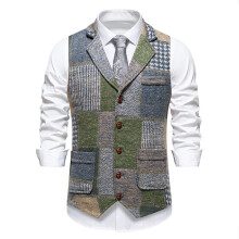 (Blue Grid, L) Gilet de costume rétro à carreaux pour homme avec revers contrastés