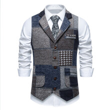(Dark blue, XL) Men's Retro Plaid Contrast Lapel Suit Vest