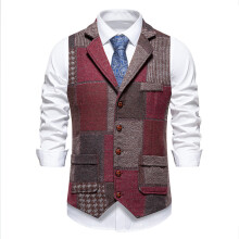 (Wine Red Check, XL) Men's Retro Plaid Contrast Lapel Suit Vest