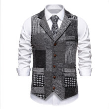 (Gray grid, S) Gilet de costume rétro à carreaux pour homme avec revers contrastés