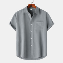 (Light Gray, M) Chemise d'été en lin pour homme, manches courtes, col boutonné, coupe décontractée