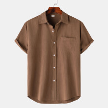 (Camel, L) Camicia da uomo estiva in lino a maniche corte con bottoni, tinta unita, risvolto, casual.