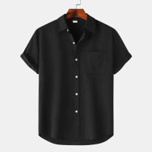 (Black, XXL) Camicia da uomo estiva in lino a maniche corte con bottoni, tinta unita, risvolto, casual.