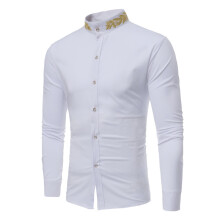 (Black, M) Camicia casual da uomo a maniche lunghe con colletto alla coreana e ricamo a spiga di grano, ideale per autunno/inverno (modello ZT-CS07)