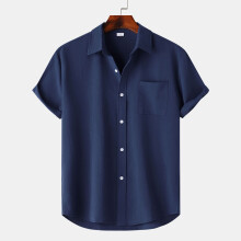 (Dark blue, S) Męska lniana koszula letnia z krótkim rękawem i guzikami, z jednolitymi klapami, casualowa