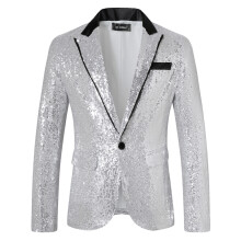 (Silver, S) Men's Sequin Blazer ZT-X61 Shiny Disco Jacket for Fall Winter