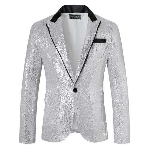 (Silver, S) Men's Sequin Blazer ZT-X61 Shiny Disco Jacket for Fall Winter