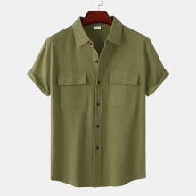 (Army Green, M) Camicia estiva da uomo in lino a maniche corte, colletto quadrato, casual, in cotone e lino, tinta unita, a mezza manica.