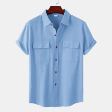 (Light Blue, 3XL) Camicia estiva da uomo in lino a maniche corte, colletto quadrato, casual, in cotone e lino, tinta unita, a mezza manica.