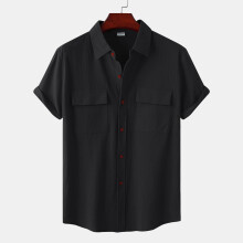 (Black, L) Camicia estiva da uomo in lino a maniche corte, colletto quadrato, casual, in cotone e lino, tinta unita, a mezza manica.