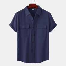 (Navy Blue, 2XL) Camicia estiva da uomo in lino a maniche corte, colletto quadrato, casual, in cotone e lino, tinta unita, a mezza manica.