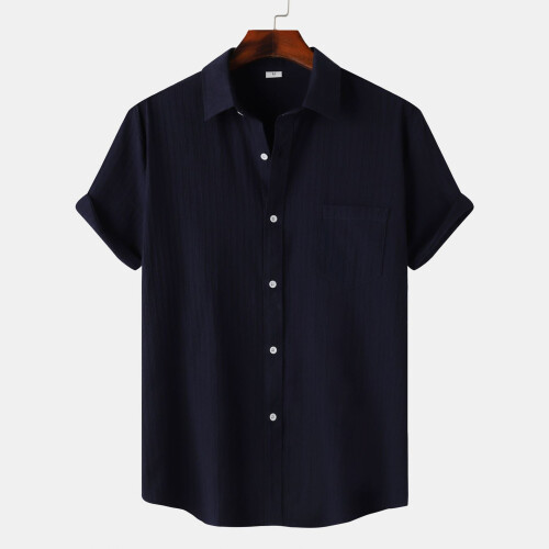 (Dark blue, L) Summer Men's Solid Short Sleeve Commuter Shirt Casual Outing