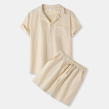 (Khaki, S) Sommer 2023 Herren Baumwoll-Leinen Kurzarm-T-Shirt & Shorts Set Lässiges Uni-Outfit A24