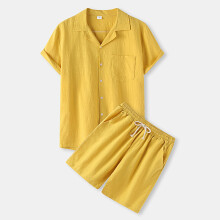 (Yellow, S) Completo estivo da uomo 2023 in cotone e lino, composto da t-shirt a maniche corte e pantaloncini, stile casual tinta unita A24