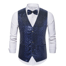 (Royal Blue, M) Gilet sans manches à carreaux et sequins pour homme, automne-hiver, avec nœud papillon ZT-MJ36
