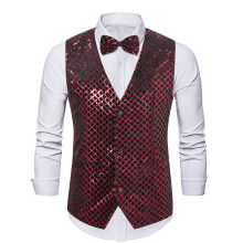 (Red, S) Gilet sans manches à carreaux et sequins pour homme, automne-hiver, avec nœud papillon ZT-MJ36