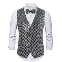 (Silver, L) Gilet sans manches à carreaux et sequins pour homme, automne-hiver, avec nœud papillon ZT-MJ36