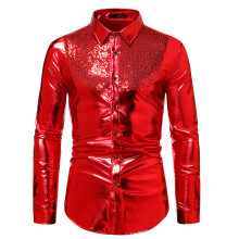 (Red, M) Chemise Ă manches longues pour homme, style disco, Ă sequins et blocs de couleurs automnaux, A45