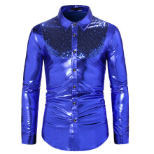 (Blue, 2XL) Chemise à manches longues pour homme, style disco, à sequins et blocs de couleurs automnaux, A45