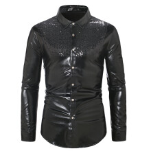 (Black, S) Camicia da uomo a maniche lunghe con blocchi di colore e paillettes, ideale per l'autunno, modello disco A45
