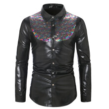 (Black with Color Blocking, S) Chemise à manches longues pour homme, style disco, à sequins et blocs de couleurs automnaux, A45