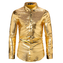 (Gold, 2XL) Męska koszula z długim rękawem w jesienne bloki kolorów z cekinami i motywem disco A45
