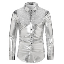 (Silver, M) Camicia da uomo a maniche lunghe con blocchi di colore e paillettes, ideale per l'autunno, modello disco A45