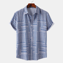 (C316, L) Camicia da uomo a maniche corte con stampa digitale a tema spiaggia tropicale.