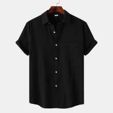 (Black, XL) Letnia męska koszula z krótkim rękawem i solidnym wykończeniem do pracy na co dzień