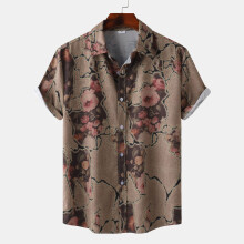 (C306, L) Camicia da uomo a maniche corte con stampa digitale a tema spiaggia tropicale.