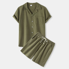 (Military Green, M) Completo estivo da uomo 2023 in cotone e lino, composto da t-shirt a maniche corte e pantaloncini, stile casual tinta unita A24