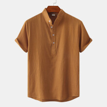 (Brown, M) T-shirt estiva da uomo in cotone e lino con colletto alla coreana, maniche corte, casual, ideale per la spiaggia.