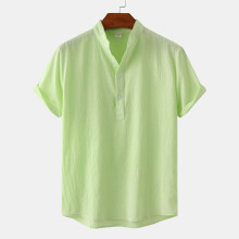 (Green, L) T-shirt estiva da uomo in cotone e lino con colletto alla coreana, maniche corte, casual, ideale per la spiaggia.