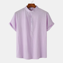 (Purple, S) Summer Men's Cotton-Linen Stand Collar Casual Short Sleeve Beach T-Shirt