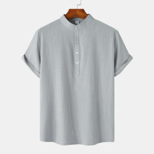 (Gray, 2XL) Letnia męska bawełniano-lniana koszulka z krótkim rękawem i stójką, na co dzień, na plażę