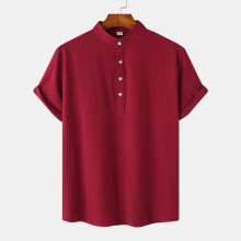 (Wine Red, 2XL) Letnia męska bawełniano-lniana koszulka z krótkim rękawem i stójką, na co dzień, na plażę