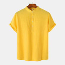 (Yellow, XL) T-shirt estiva da uomo in cotone e lino con colletto alla coreana, maniche corte, casual, ideale per la spiaggia.