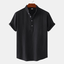 (Black, XL) Summer Men's Cotton-Linen Stand Collar Casual Short Sleeve Beach T-Shirt