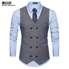 (Black and White, S) Gilet décontracté rétro en laine à double boutonnage pour homme, idéal pour l'automne et l'hiver. Grand col en V simple.