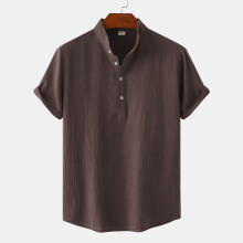 (Coffee, S) T-shirt estiva da uomo in cotone e lino con colletto alla coreana, maniche corte, casual, ideale per la spiaggia.