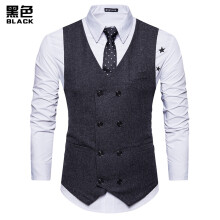 (Black, XL) Gilet casual da uomo retrò in lana a doppio petto per autunno/inverno, semplice gilet con ampio scollo a V